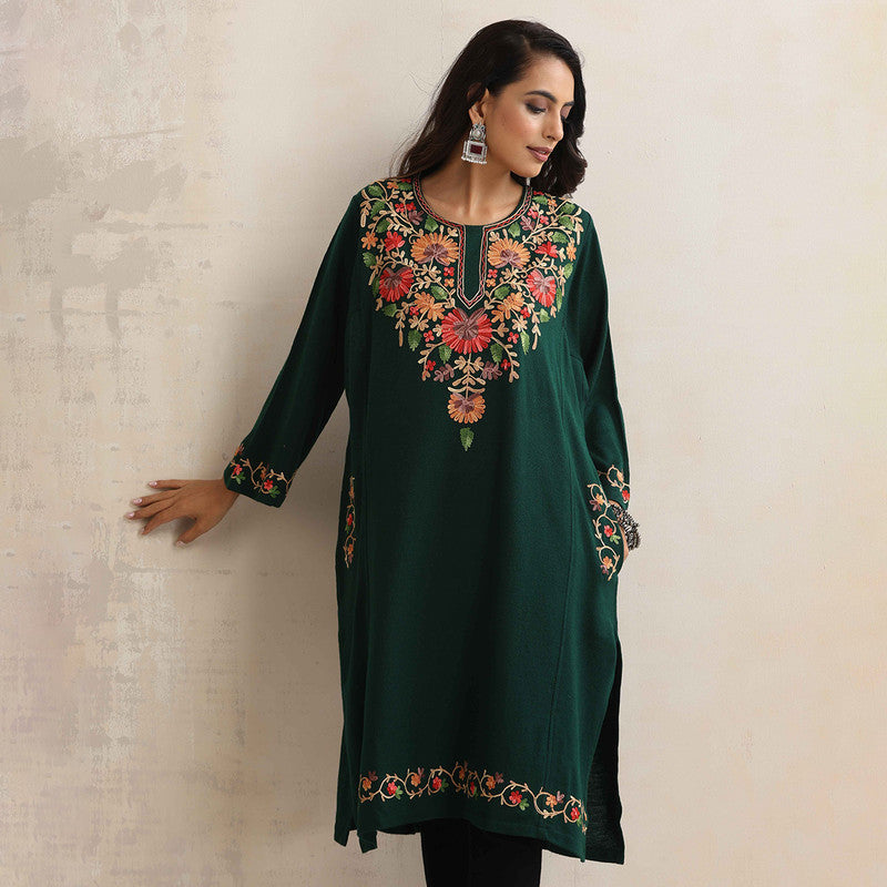 Woolen Kurta For Women | Kashmiri Embroidered | Green、mySite、camillekostekn