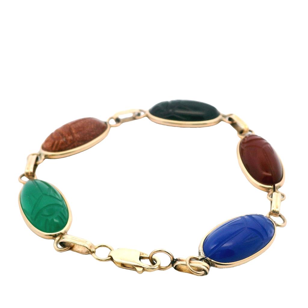  Estate 14K Yellow Gold Multi Gemstone Scarab Link Bracelet