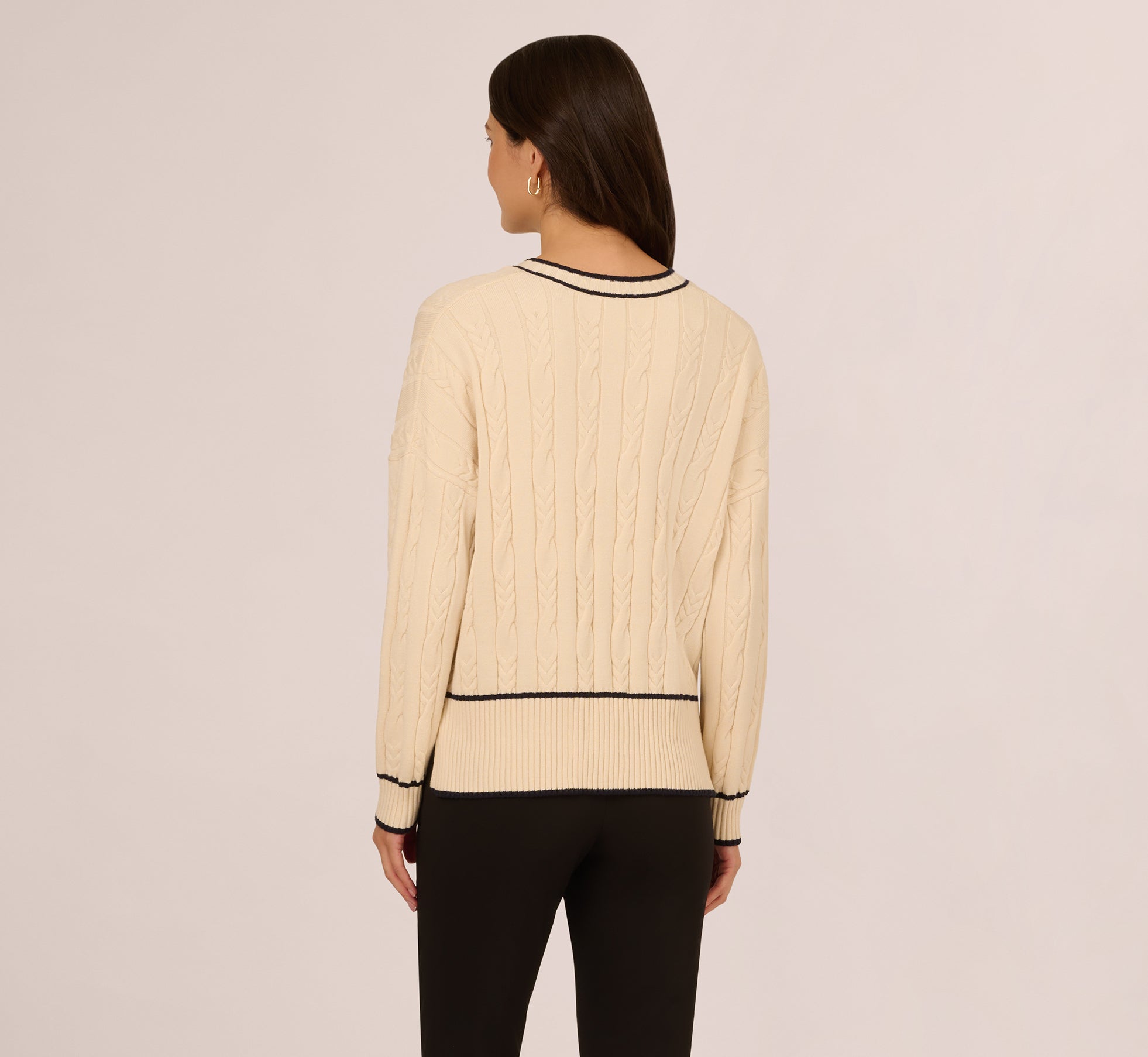 V Neck High Low Cable Knit Sweater In Cream Blue Moon、mySite、solidvoid