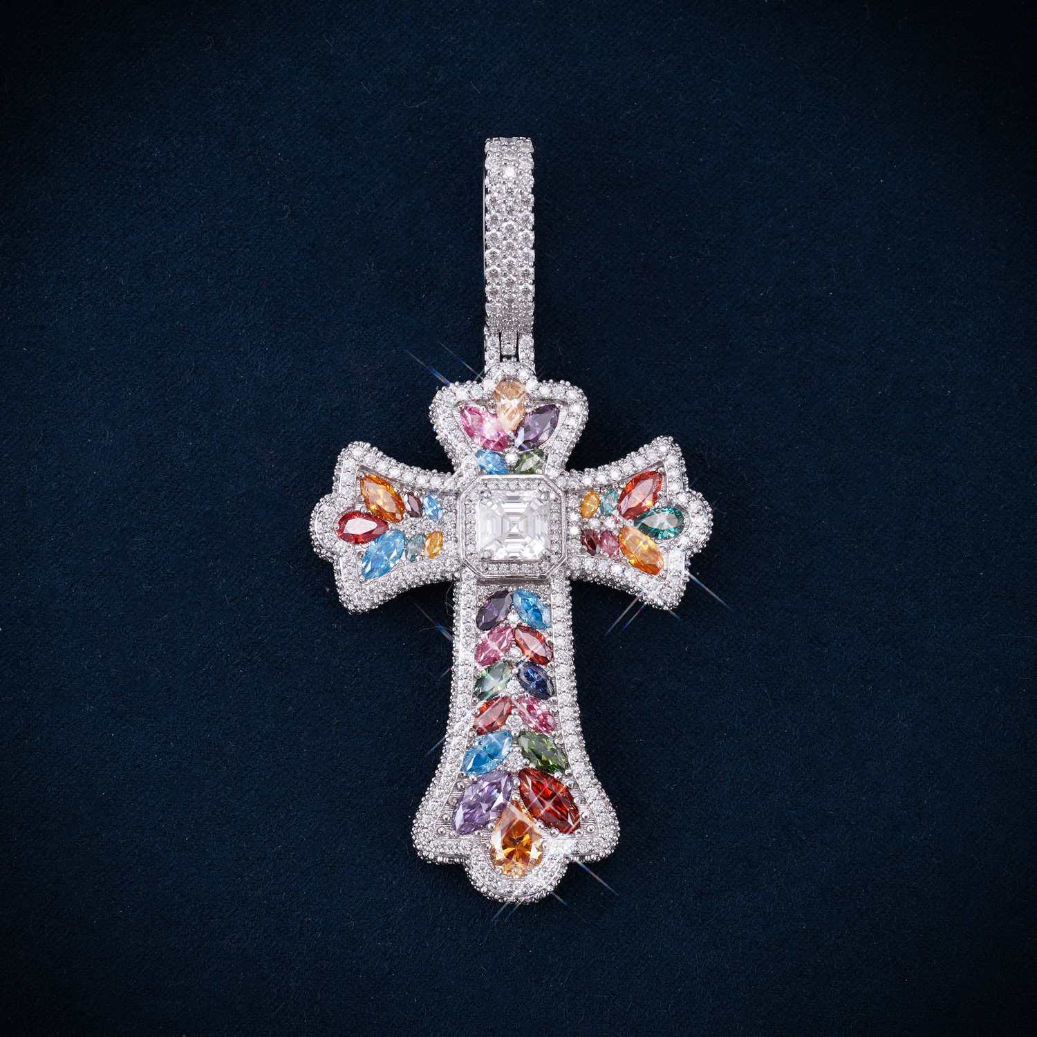 Moissanite Rainbow Halo Cross Pendant 14K Gold、mySite、hinf8tx79