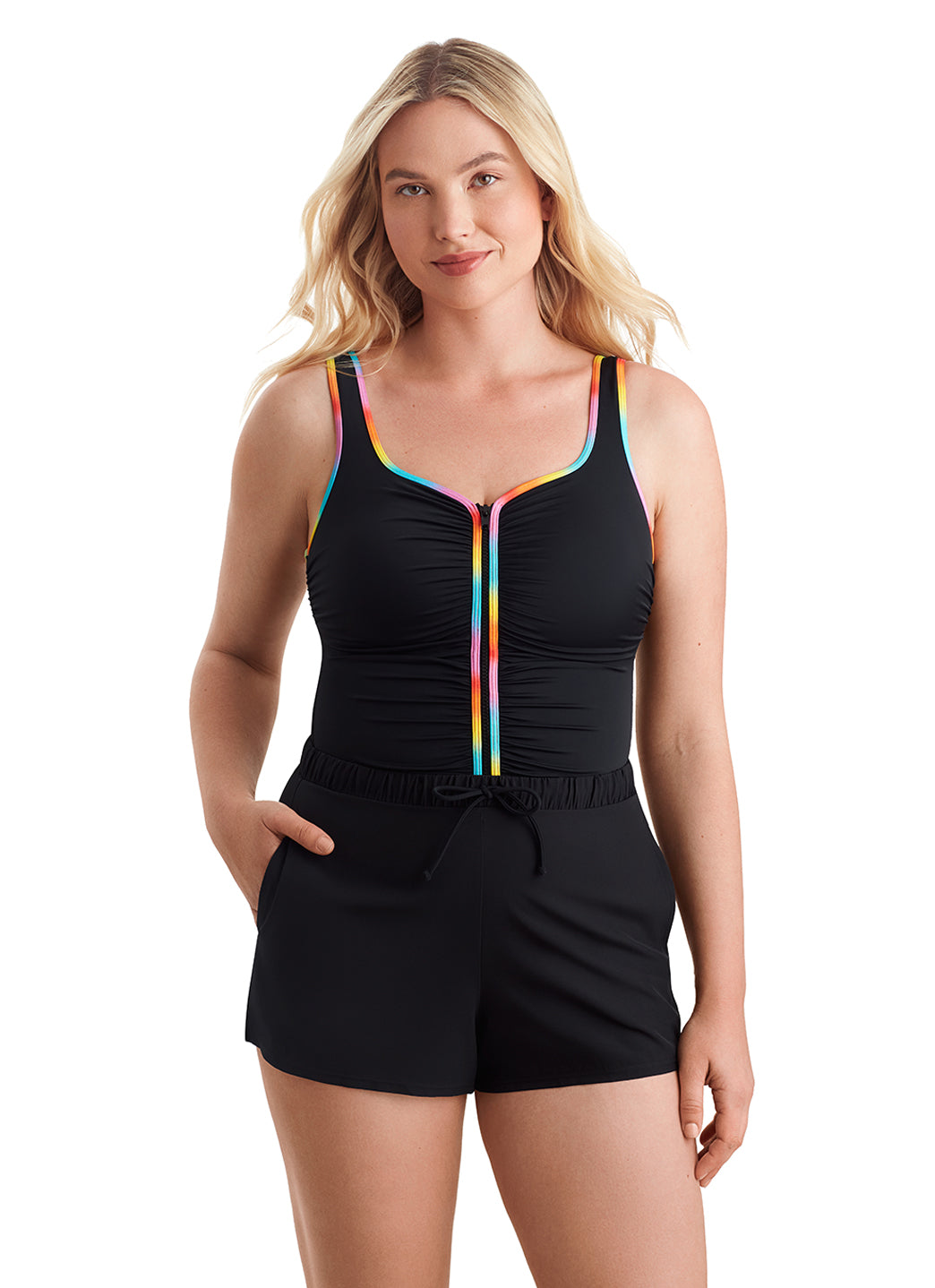 Shape Solver SPORT Women's Ombre Sorbet Shirred Zipper Runaround One Piece Swimsuit、mySite、noshort
