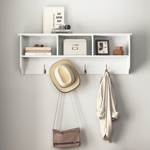White Entryway Wall Mounted Coat Rack with 4 Dual Hooks Living Room Wooden Storage Shelf、、casual