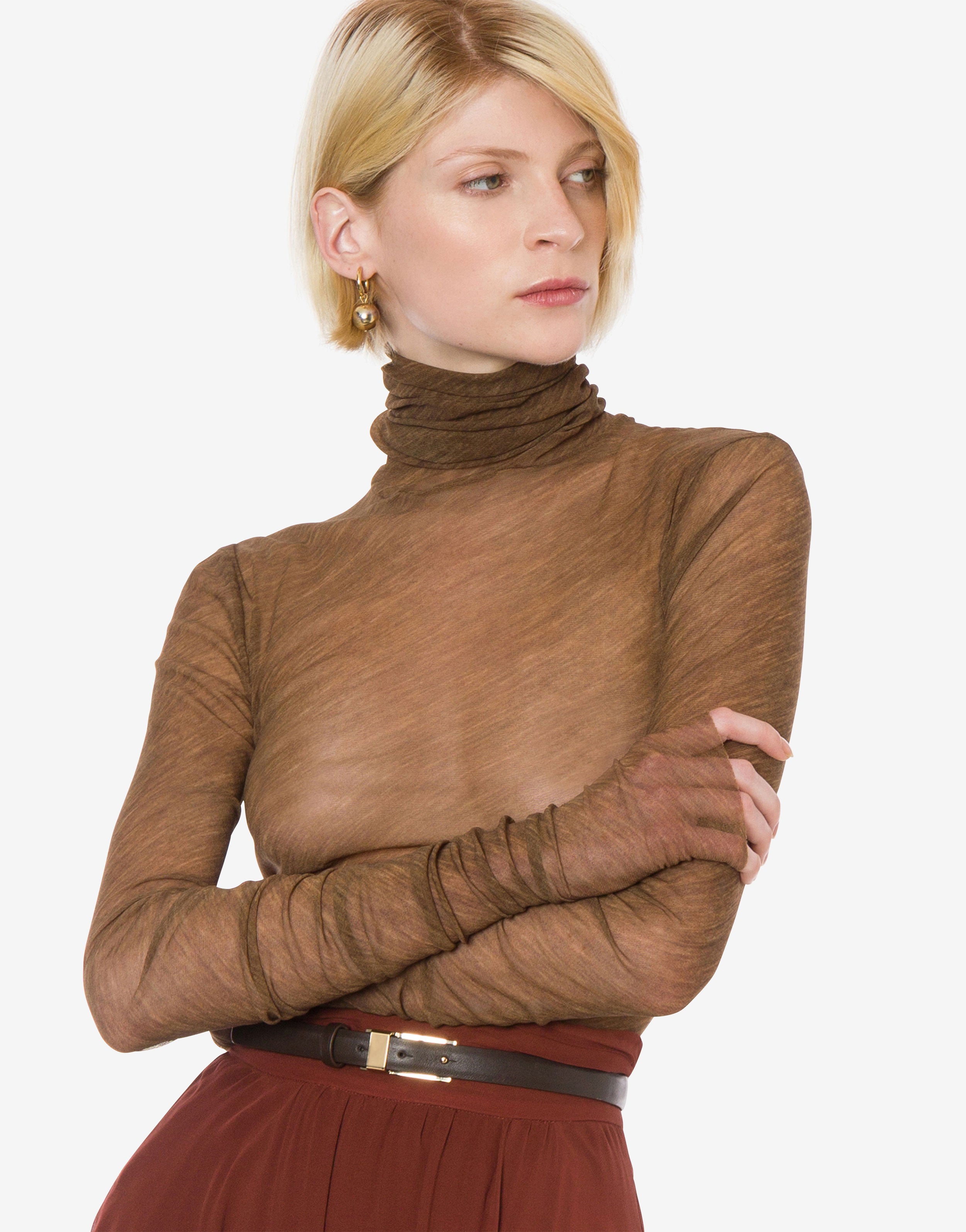 Maglia a collo alto in tulle stretch stampato、mySite、aoinhome