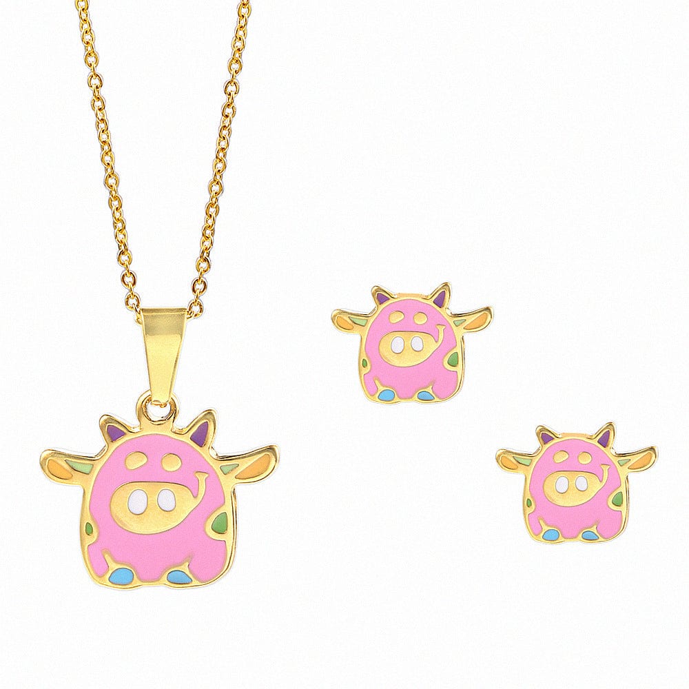 Flying Pink Piggy Jewelry Set Stainless Steel Necklace and Earrings for Girls、mySite、g9winljtr