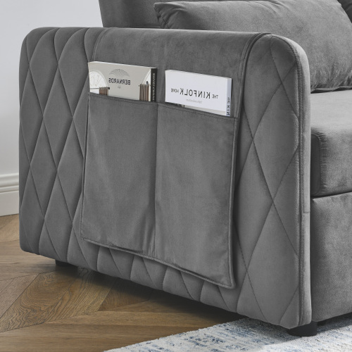55" Modern Convertible Sofa Bed with 2 Detachable Arm Pockets, Velvet Loveseat Sofa with Pull Out Bed, 2 Pillows and Living Room Adjustable Backrest, Grid Design Armrests、、casual