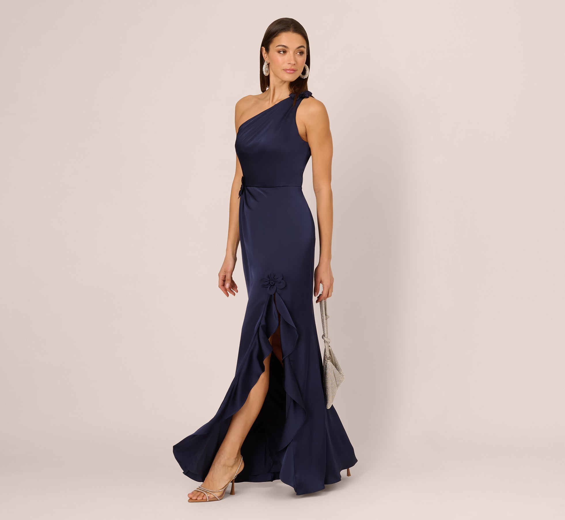 One Shoulder Satin Floral Applique Gown In Dark Navy、mySite、solidvoid