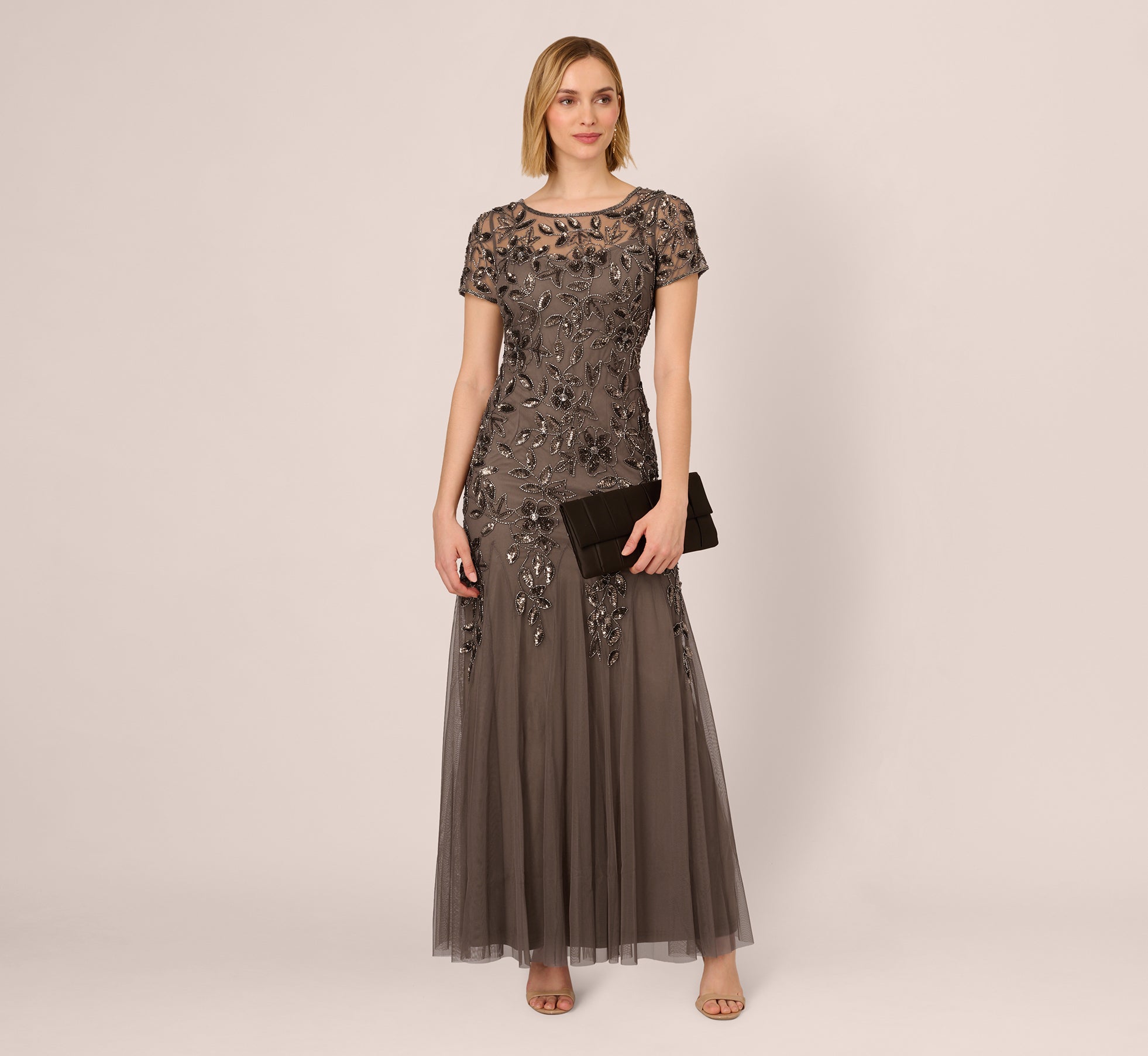 Hand Beaded Short Sleeve Floral Godet Gown In Lead、mySite、solidvoid