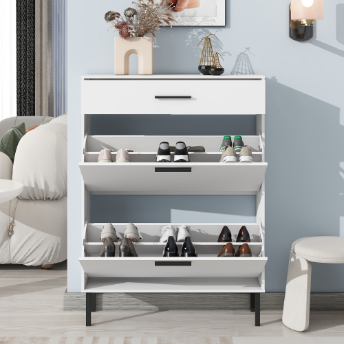 Wooden Shoe Cabinet for Entryway, White Shoe Storage Cabinet with 3 Flip Doors 20.94x9.45x43.11 inch、、casual