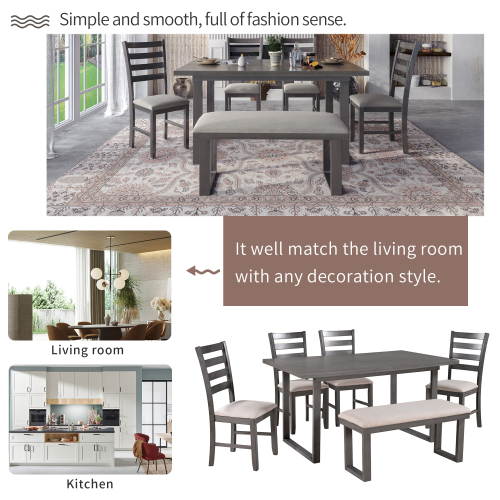 TREXM 6-Pieces Family Furniture, Solid Wood Dining Room Set with Rectangular Table & 4 Chairs with Bench(Gray)、、casual