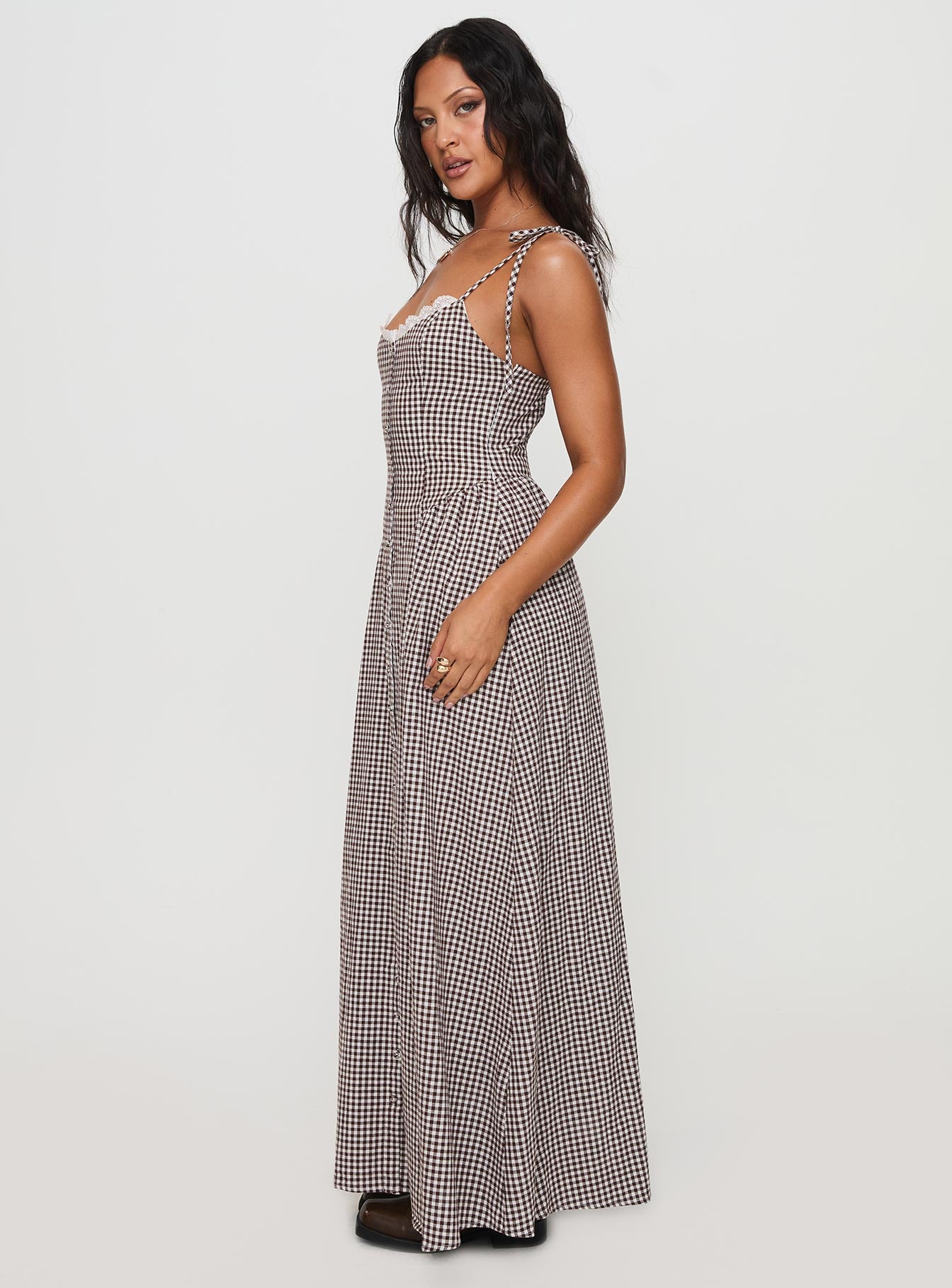 Dalanie Tie Strap Maxi Dress Brown Gingham、mySite、solidvoid