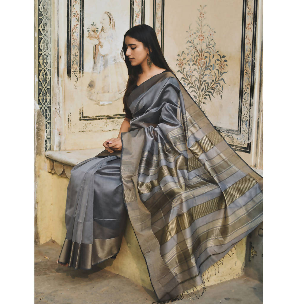 Maheshwari Cotton Silk Saree | Grey & Gold、mySite、camillekostekn