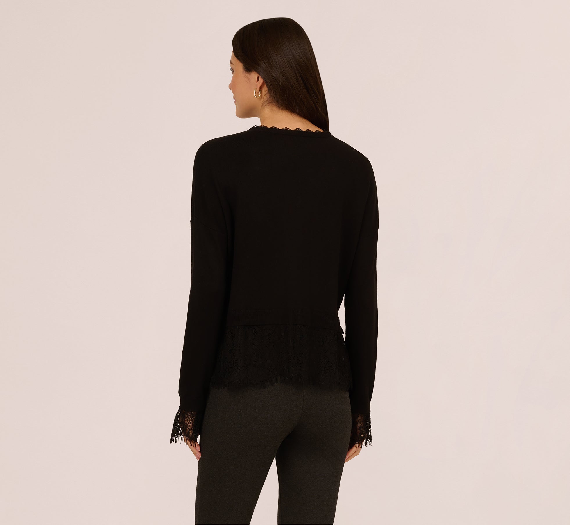 V Neck Lace Trim Twofer Sweater In Black、mySite、solidvoid