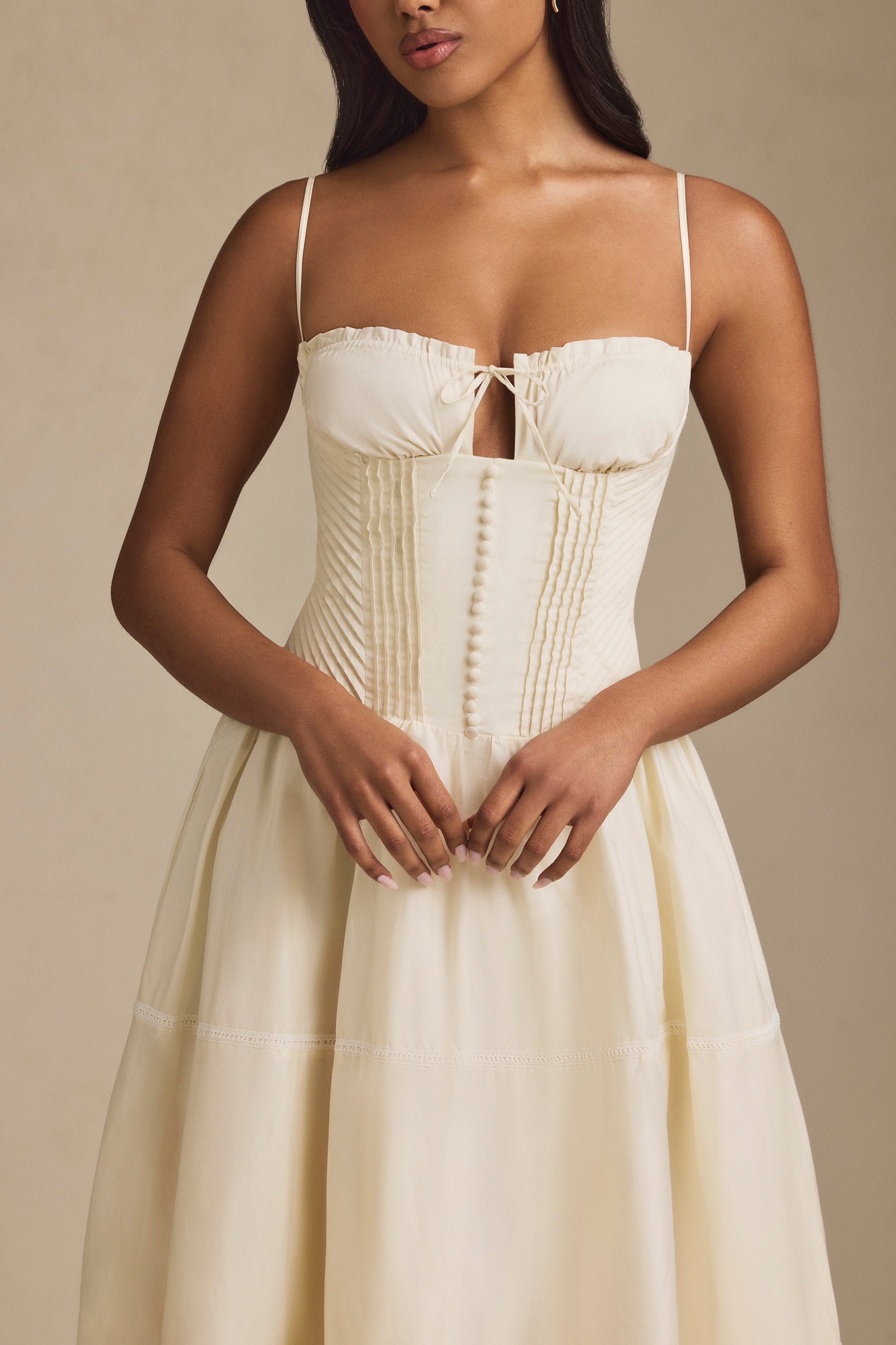 Lace-Trim Pintucked Poplin Midaxi Dress in Ivory、mySite、solidvoid