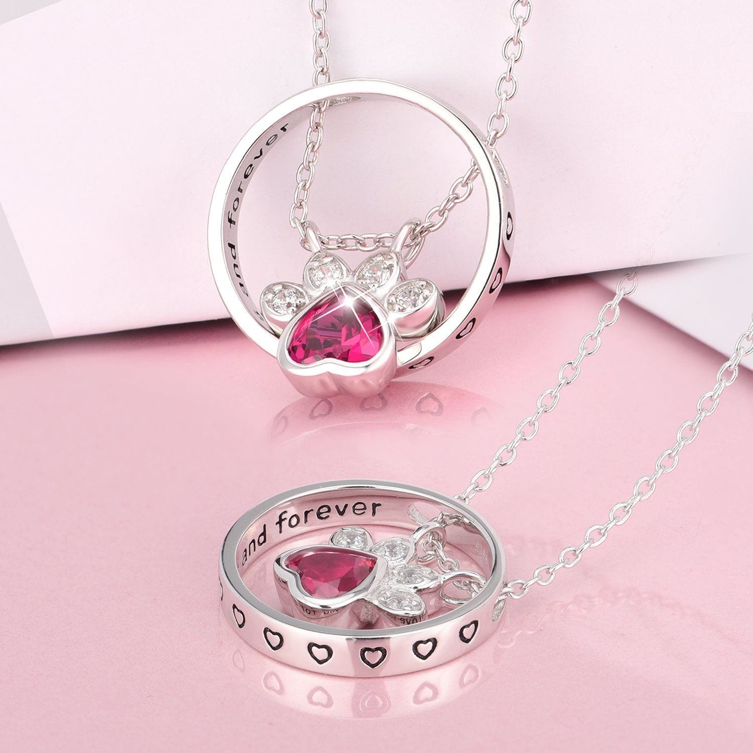 Red CZ Sterling Silver Paw Print Necklace - Pet Jewelry for Pet Lovers、mySite、g9winljtr