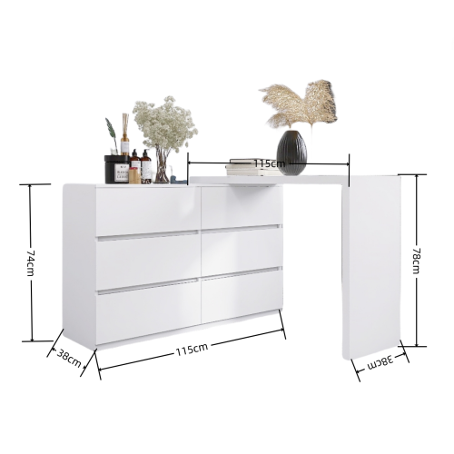Extended Desktop 6 Drawers Chest of Drawer without Handle White Color Vanity、、casual