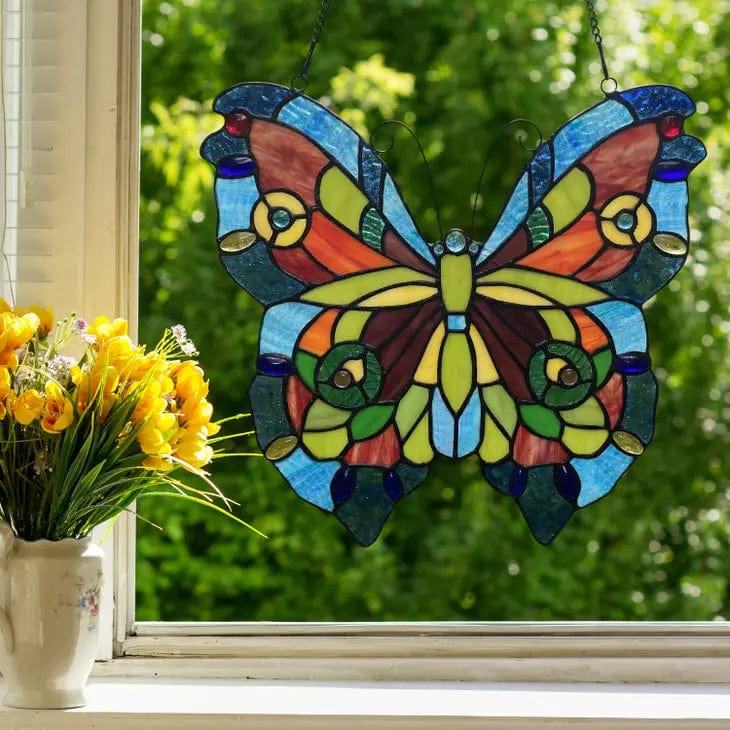 Blue or Colorful Butterfly Tiffany Style Stained Glass Window Hanging 12.5、mySite、g9winljtr