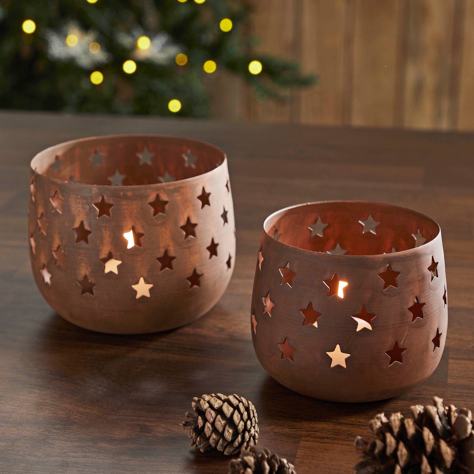 VHC Brands - Starbright Rusted Metal Candle Holder Set of 2 - 3.54/4.13 inch、mySite、g9winljtr