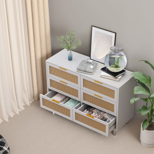 51.18"6-Drawers Rattan Storage Cabinet Rattan Drawer,for Bedroom,Living Room,Natural (Same SKU:W757P198980)、、casual