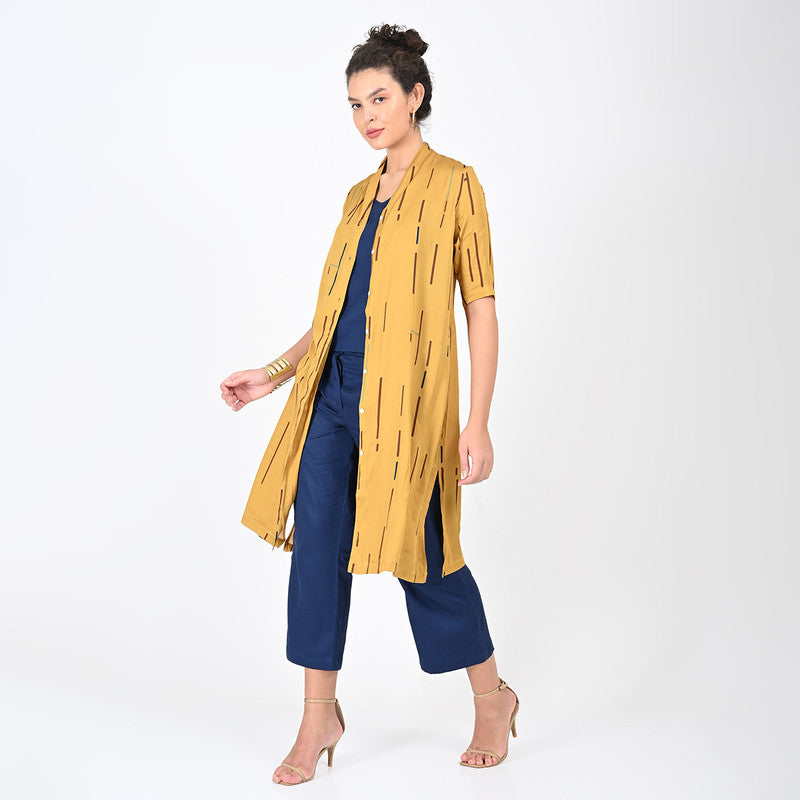 Modal Printed Co Ord Set For Women | Overlay, Top & Trouser | Mustard & Navy Blue、mySite、camillekostekn