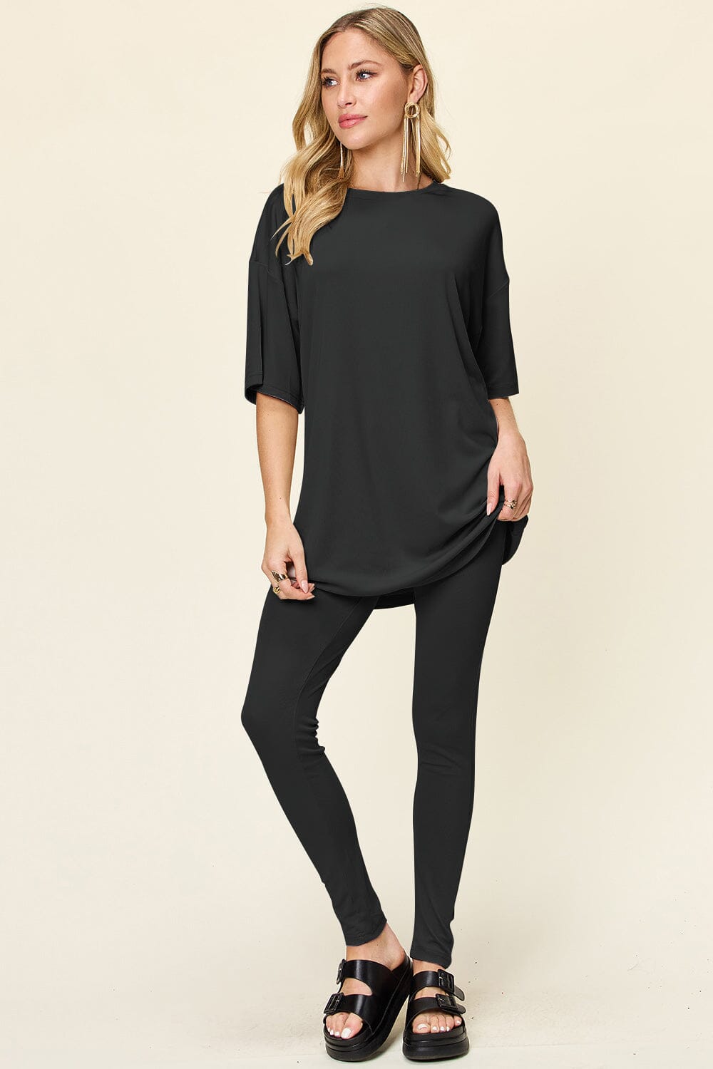 Double Take Full Size Round Neck Dropped Shoulder T-Shirt and Leggings Set、mySite、camillekostekn