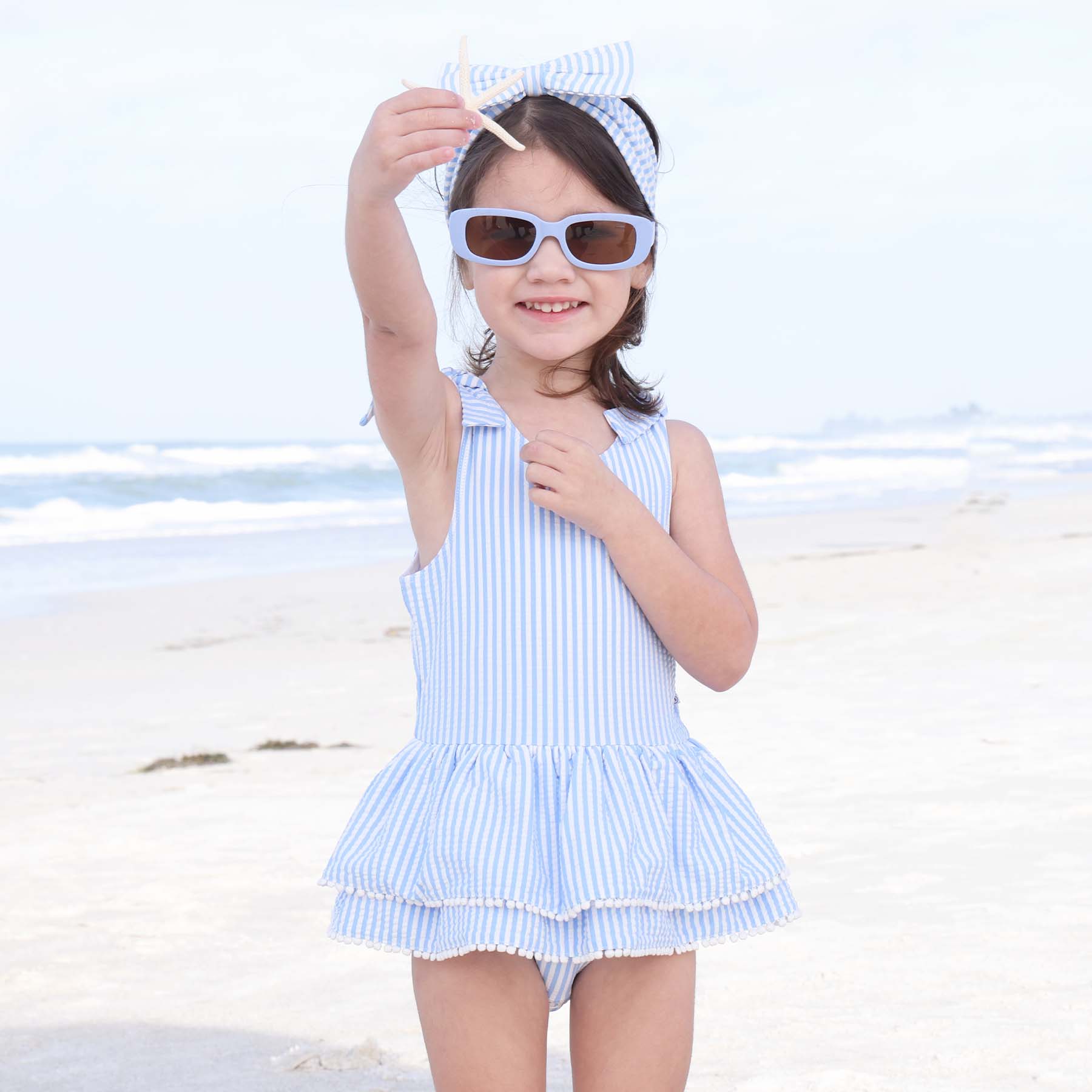  Tiered Skirt with White Pom Trim | Seersucker Blue、mySite、layawaytickets