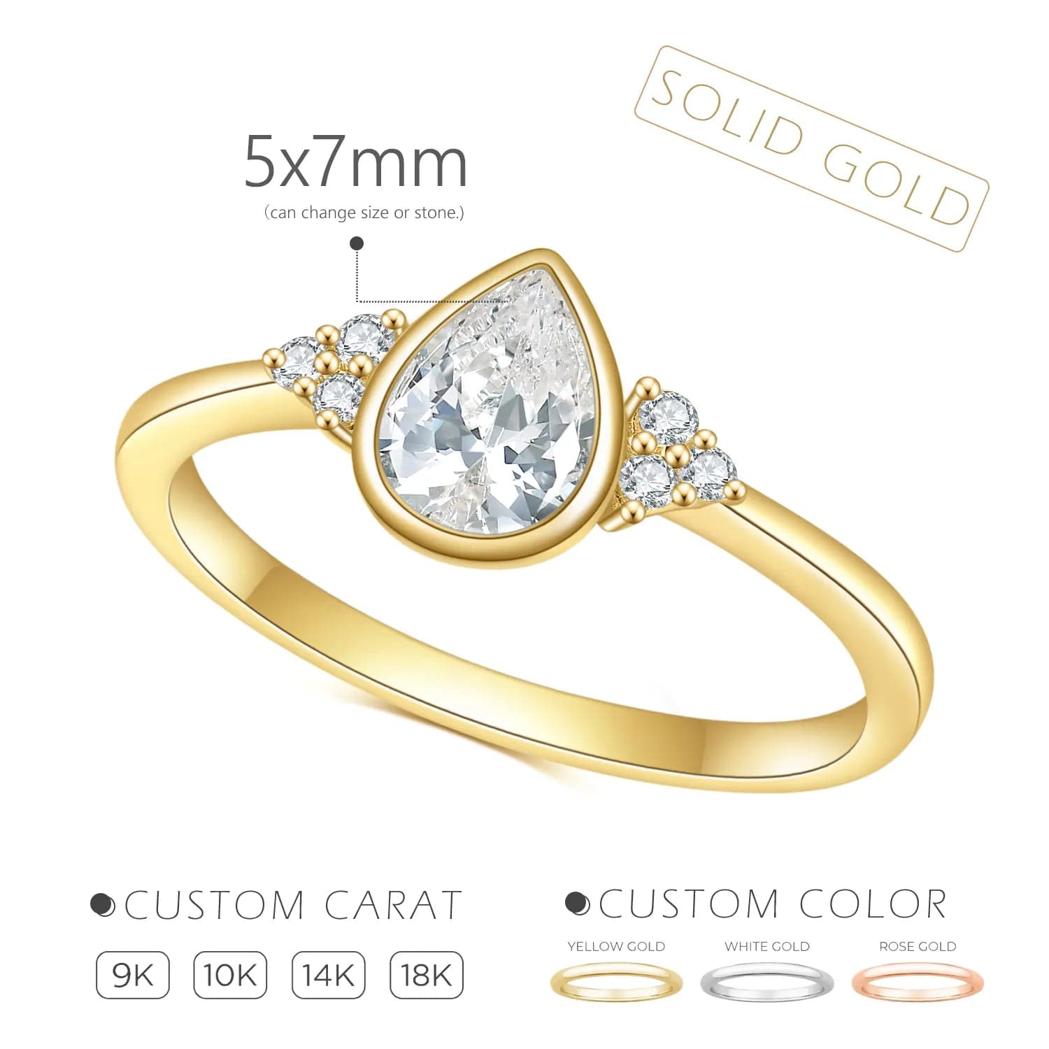 Teardrop with Sidestones Moissanite Bezel Set Ring 14K Gold 1ct Center Stone、mySite、g9winljtr