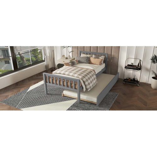 Twin Bed with Trundle, Platform Bed Frame with Headboard and Footboard, for Bedroom Small Living Space,No Box Spring Needed,Grey(New SKU:W504P148530)、、casual