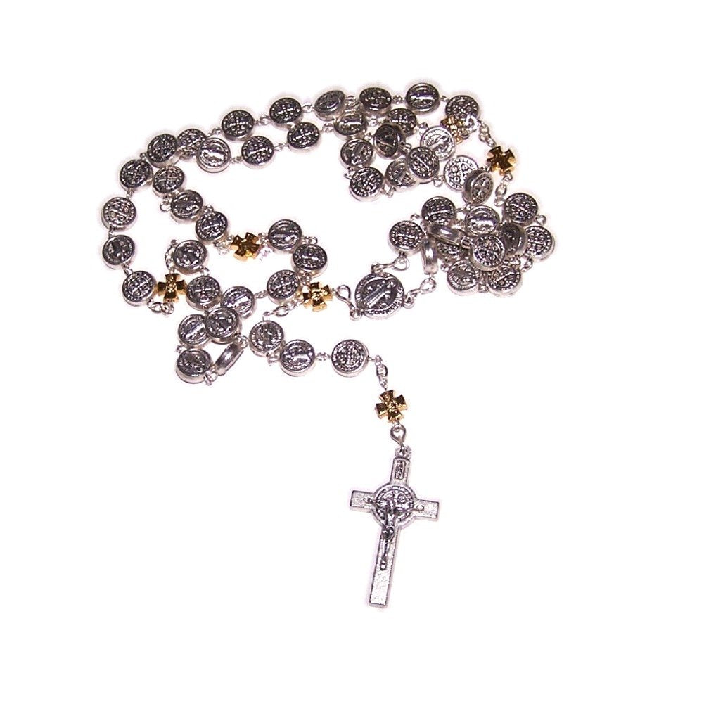 Rosary with Silver Tone Saint Benedict center and beads - Organza bag and Cer...、mySite、topwebapps