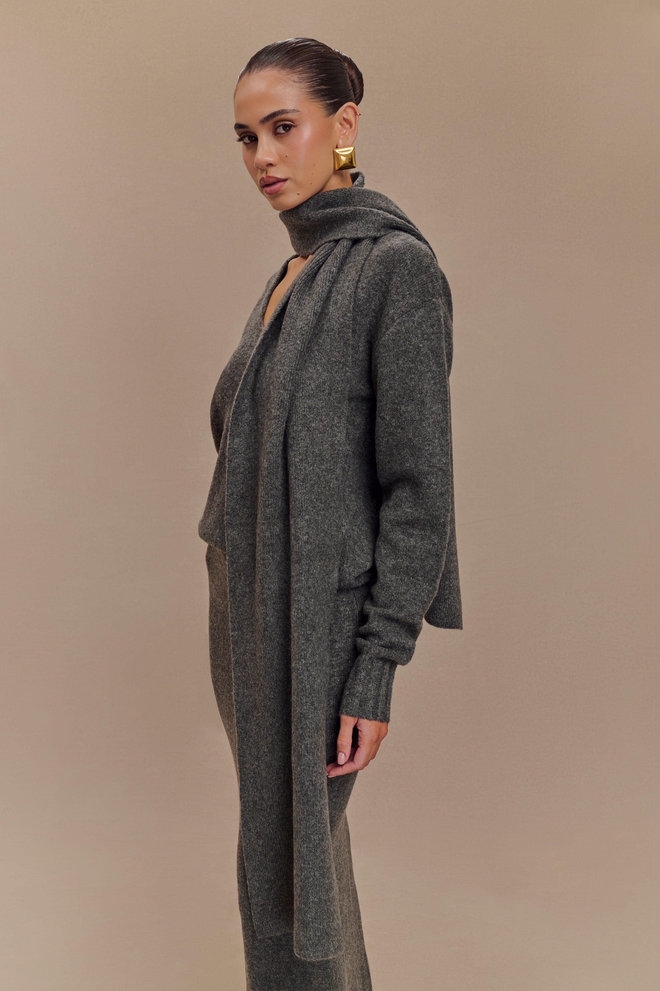 Ella V Neck Knit Jumper With Scarf - Charcoal Marle、mySite、solidvoid