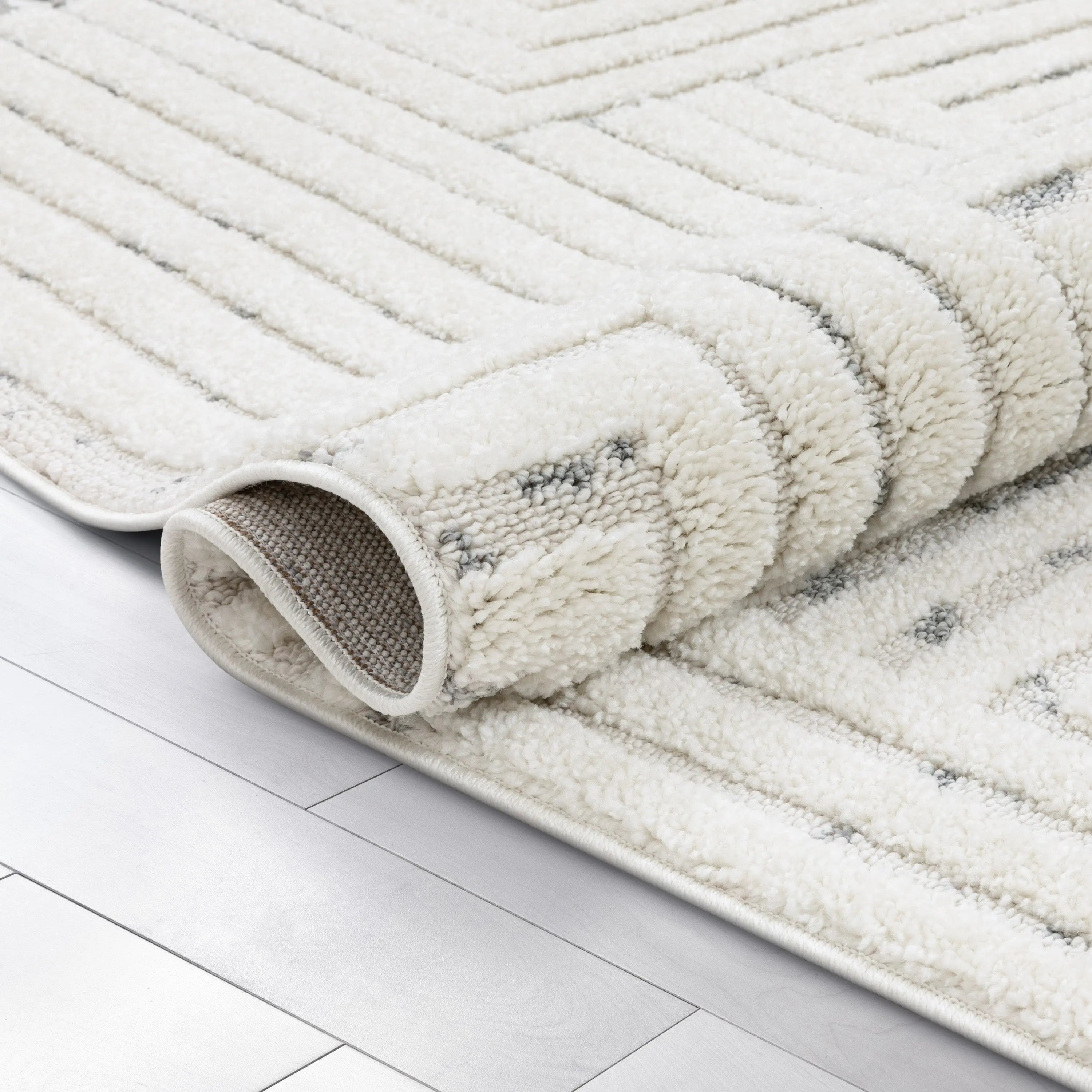 Gianna Modern Geometric Stripes Cream Grey High-Low Textured Rug、mySite、gigharbornorthrealestate