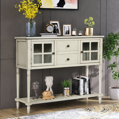 TREXM Sideboard Console Table with Bottom Shelf, Farmhouse Wood/Glass Buffet Storage Cabinet Living Room (Antique Navy)、、casual