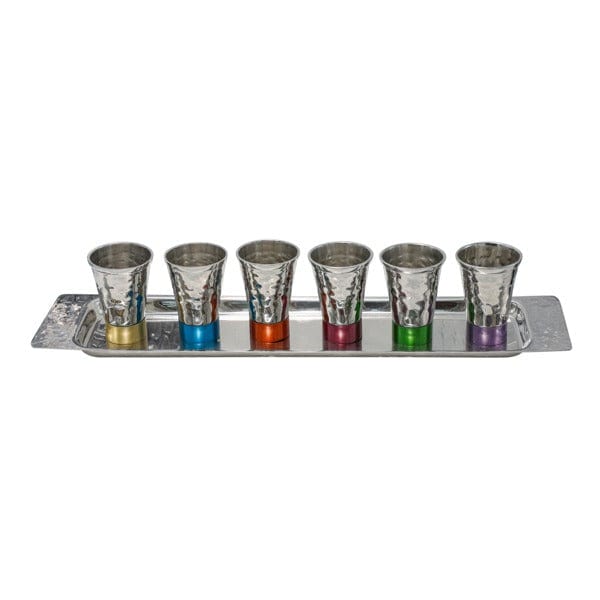 6 Small Hammered Kiddush Cups + Tray by Yair Emanuel - Rainbow、mySite、topwebapps