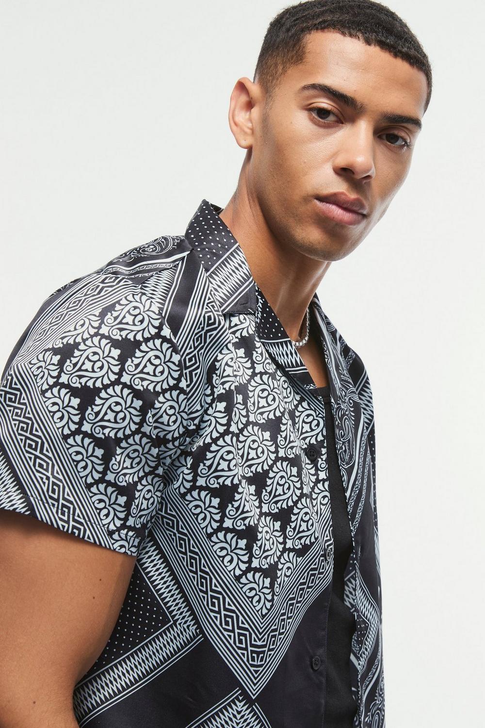  Boohooman Regular Fit Baroque Printed Satin Shirt Black、mySite、justintrudeaud