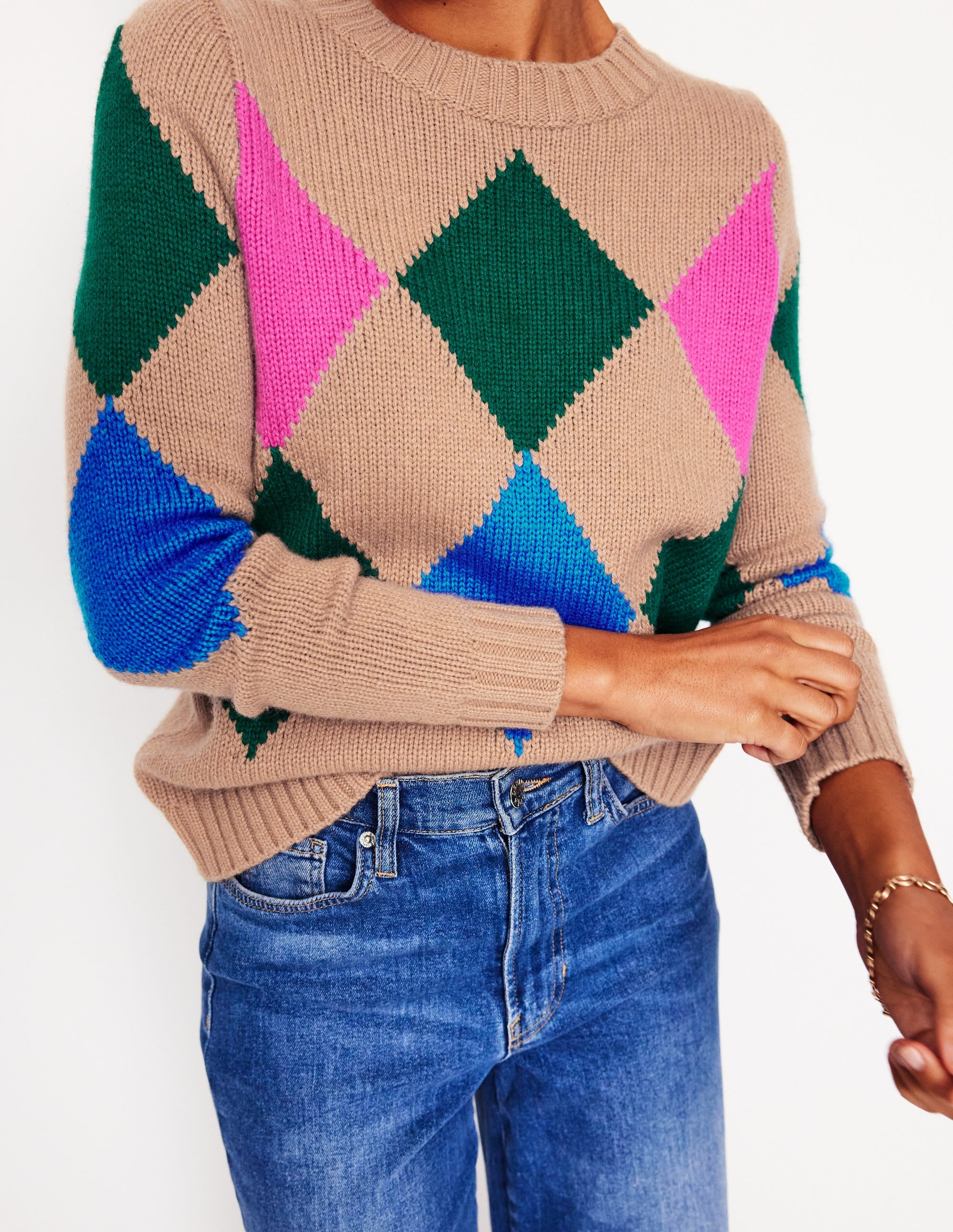  Argyle Crew Neck Jumper-Camel Melange, Multi、mySite、ashleygrahame