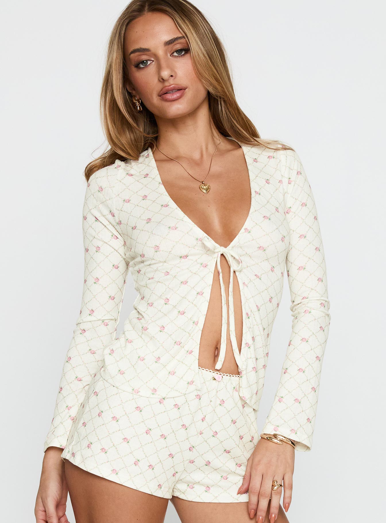 Captivation Tie Up Sleep Cardigan Pink Floral、mySite、solidvoid