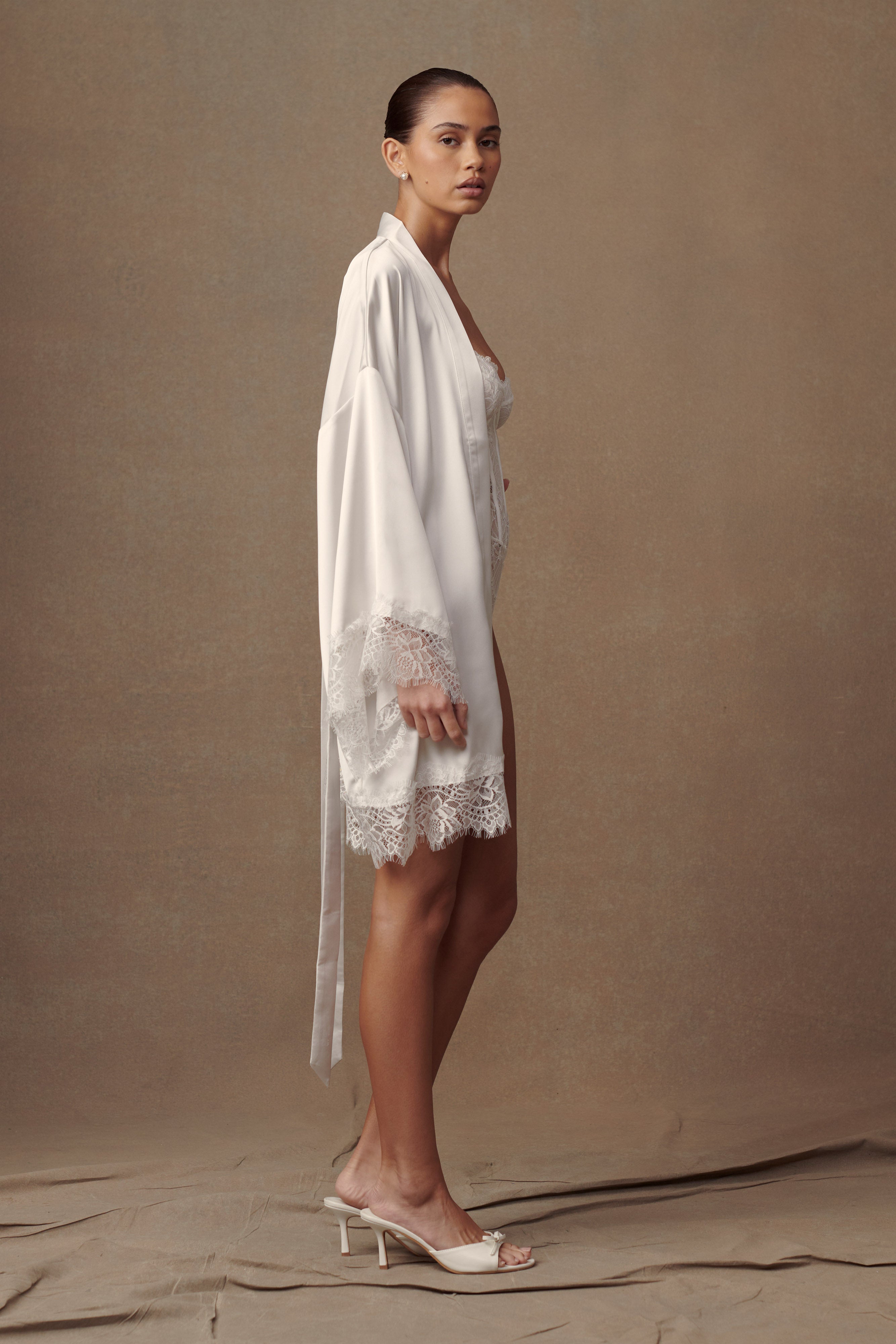 Annabeth Lace Trim Bridal Robe - White、mySite、solidvoid