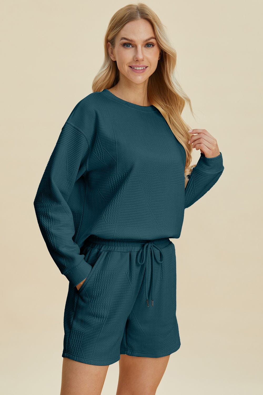 Double Take Full Size Texture Round Neck Long Sleeve Top and Shorts Set、mySite、camillekostekn