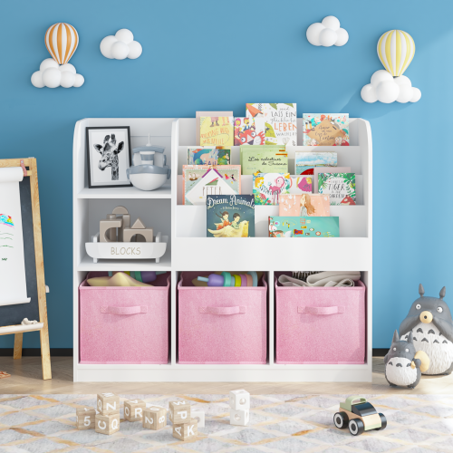 Kids Bookshelf and Toy Storage Organizer, Multifunctional 4 Tier Wooden Kids Book Shelf with Bookcase Display Stand in Kids Room Playroom Nursery for Kids, Children, Toddlers (White)、、casual