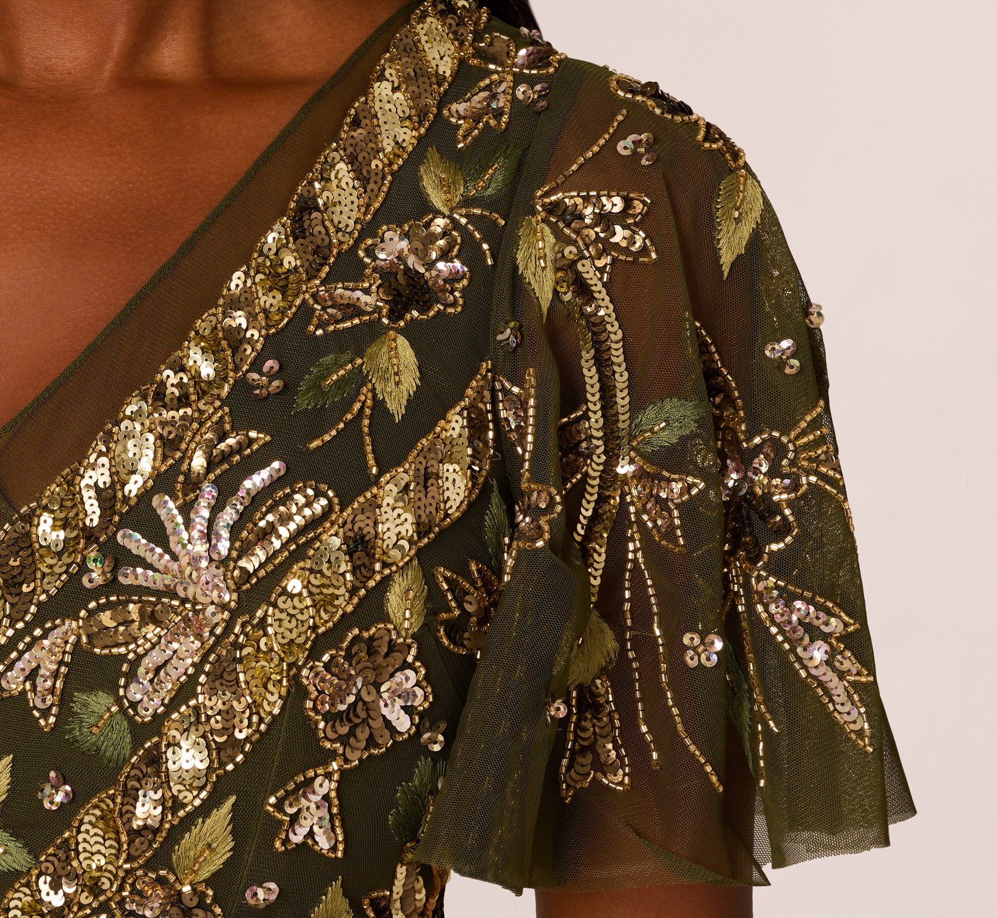 Sequin Beaded Ankle Length Dress With Flutter Sleeves In Olive、mySite、solidvoid