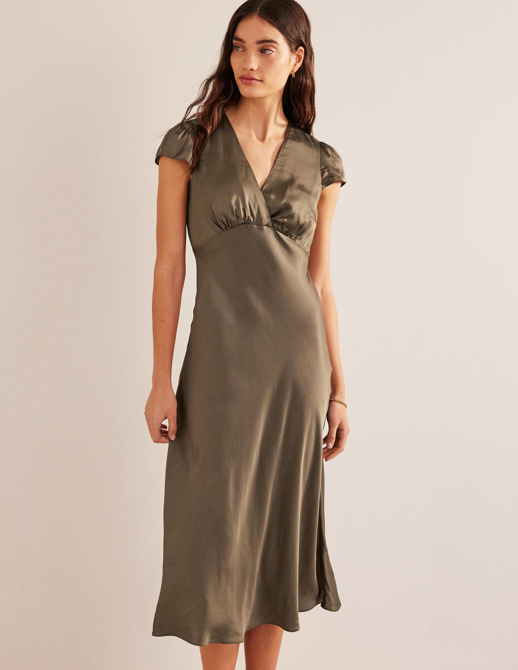  Satin Empire Midi Tea Dress-Khaki、mySite、ashleygrahame