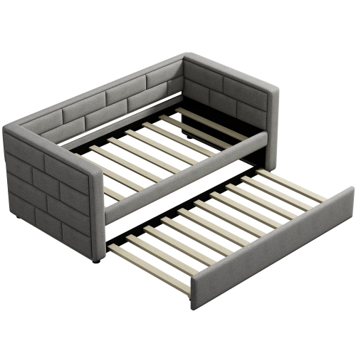 Twin Size Daybed with Trundle, Upholstered Daybed with Padded Back, Gray、、casual