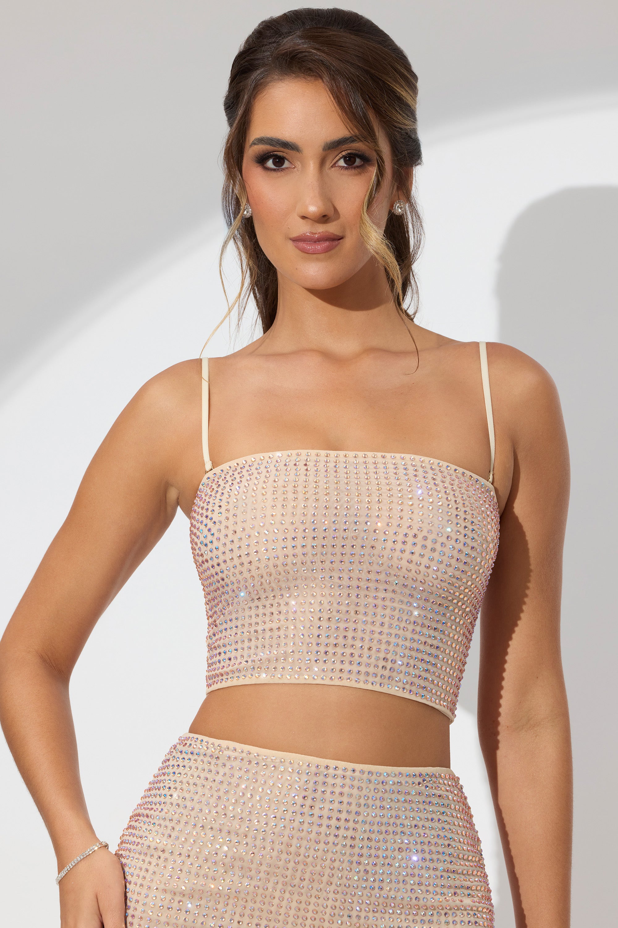 Embellished Strapless Crop Top in Champagne、mySite、solidvoid