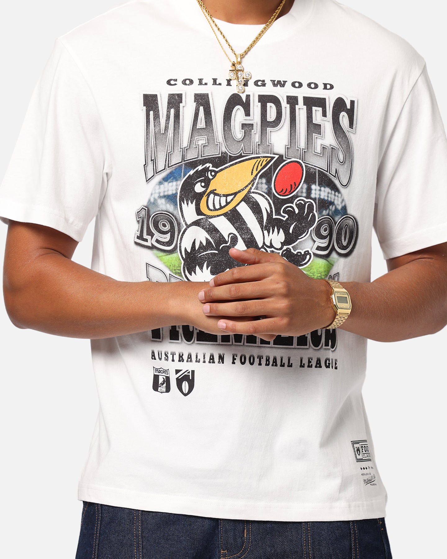 Mitchell & Ness Collingwood Magpies Mascot T-Shirt Vintage White、mySite、zt4zffjzw