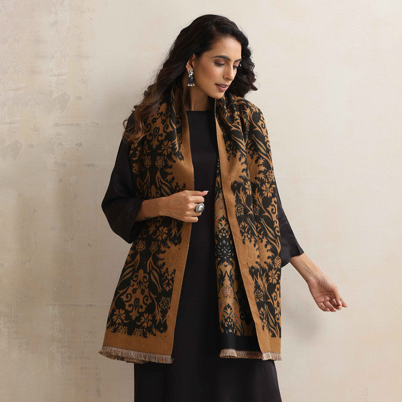 Woolen Reversible Stole | Floral Print | Brown、mySite、camillekostekn