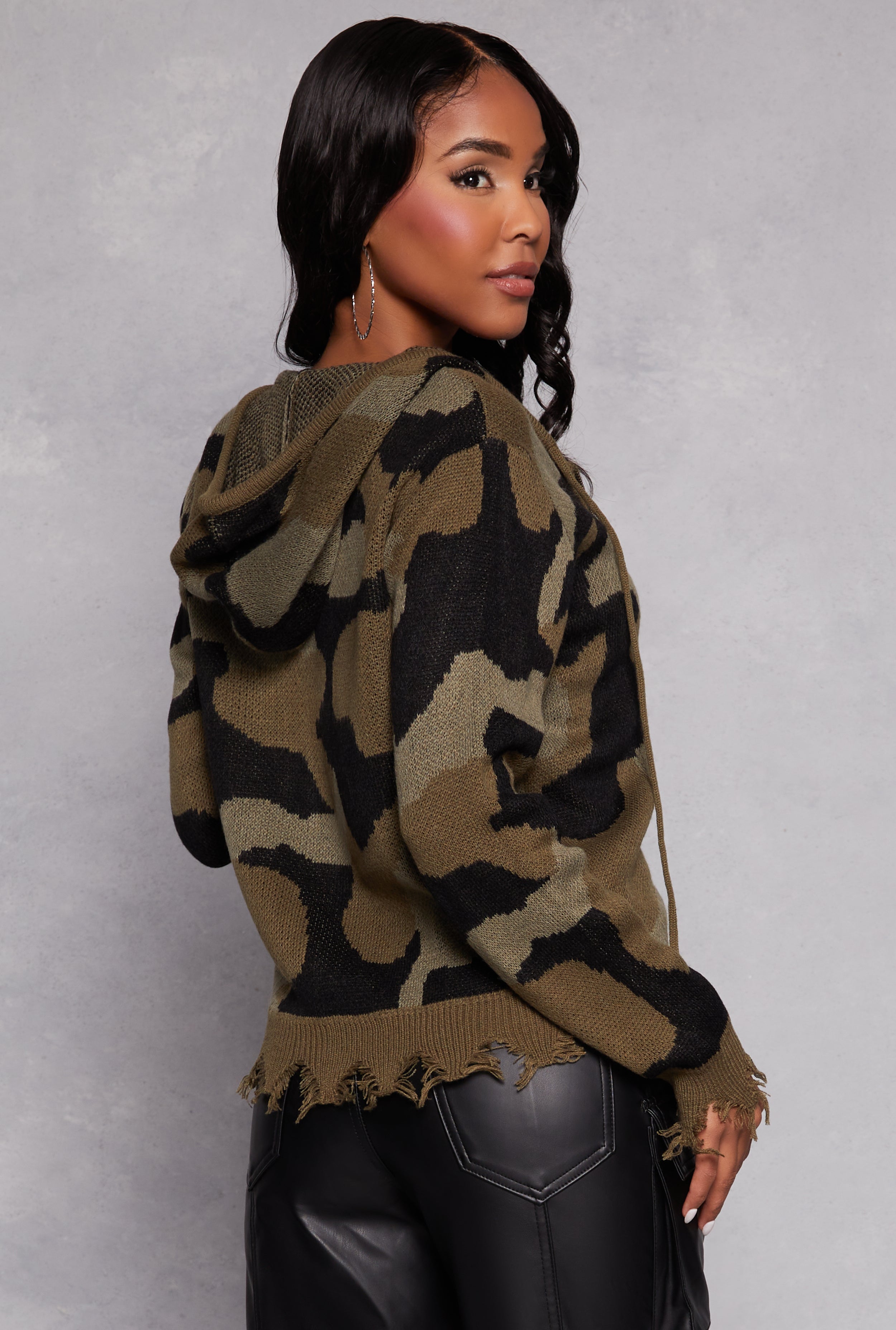 Distressed Camo Zip Front Hooded Sweater、mySite、camillekostekn