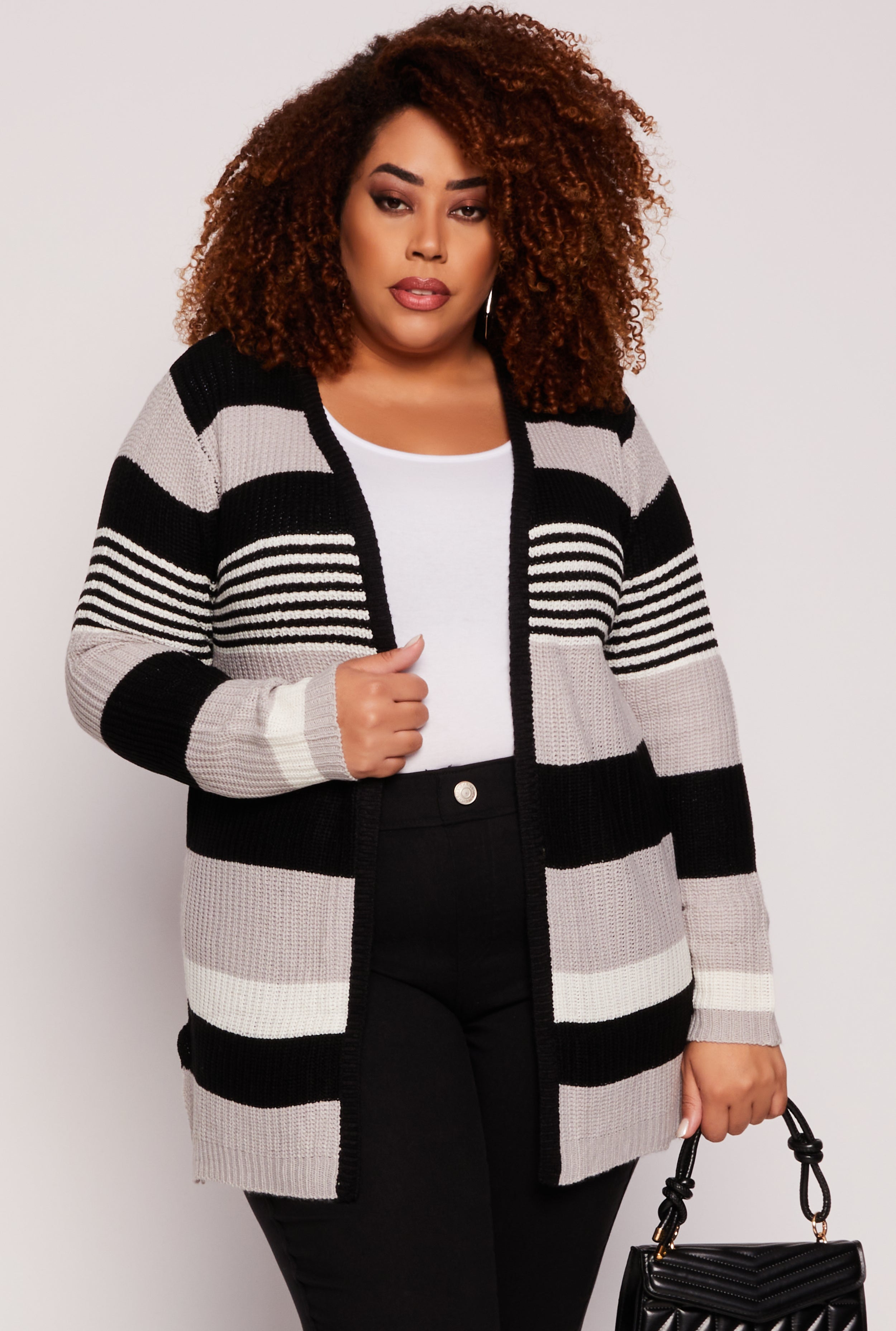 Plus Size Striped Open Front Cardigan、mySite、camillekostekn