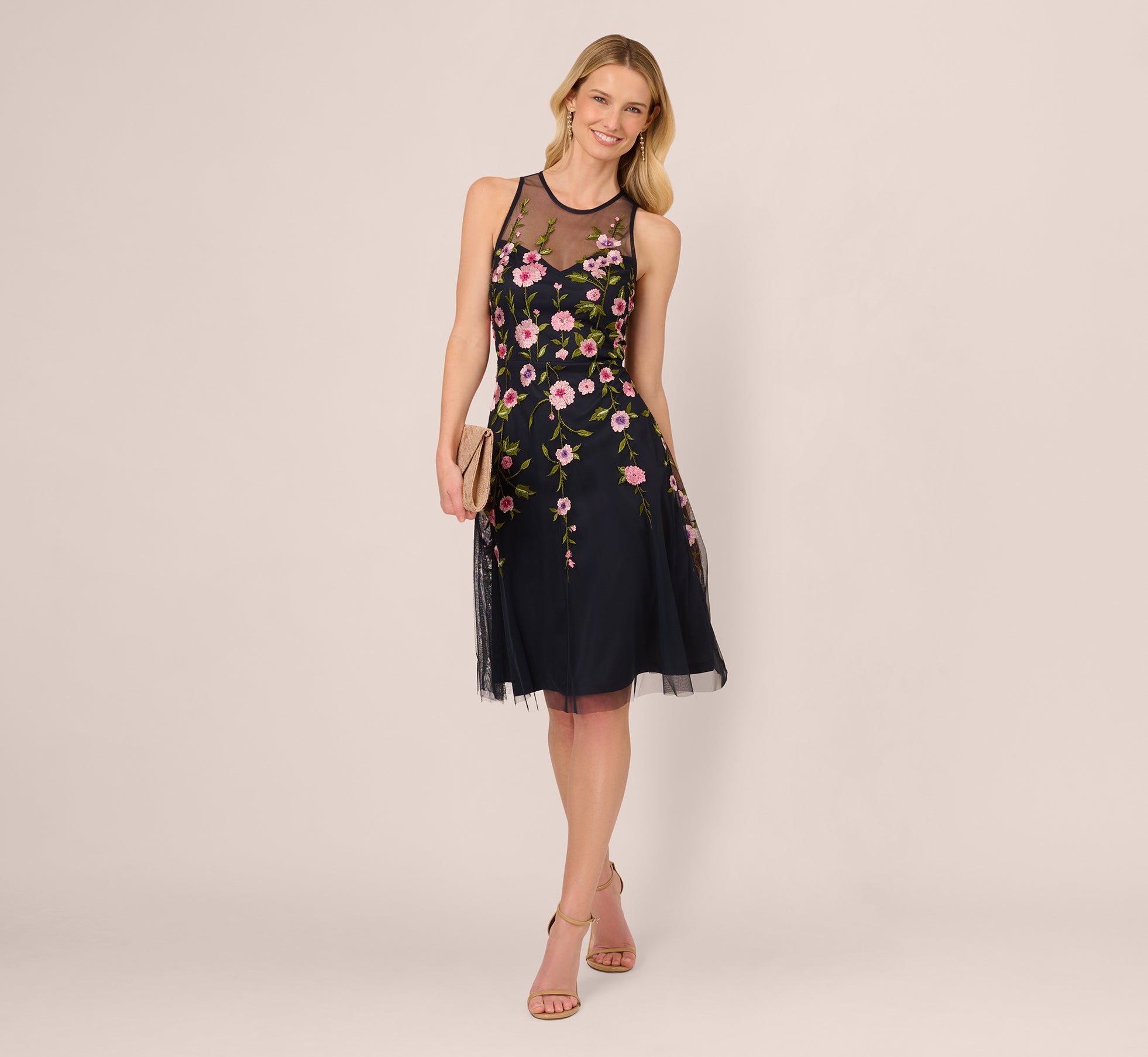 Floral Embroidered Illusion Midi Dress In Midnight Multi、mySite、solidvoid