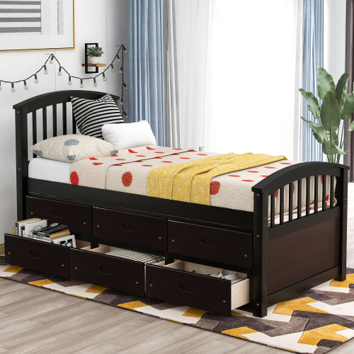Orisfur. Twin Size Platform Storage Bed Solid Wood Bed with 6 Drawers、、casual
