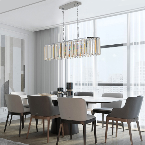 (NEW SKU:W1340P189407) 39" Modern Crystal Rectangle Pendant Chandelier with Chrome Finish – Elegant Light Fixture for Living Room, Dining Room, or Kitchen (Bulb Not Included)、、eastwooduniform