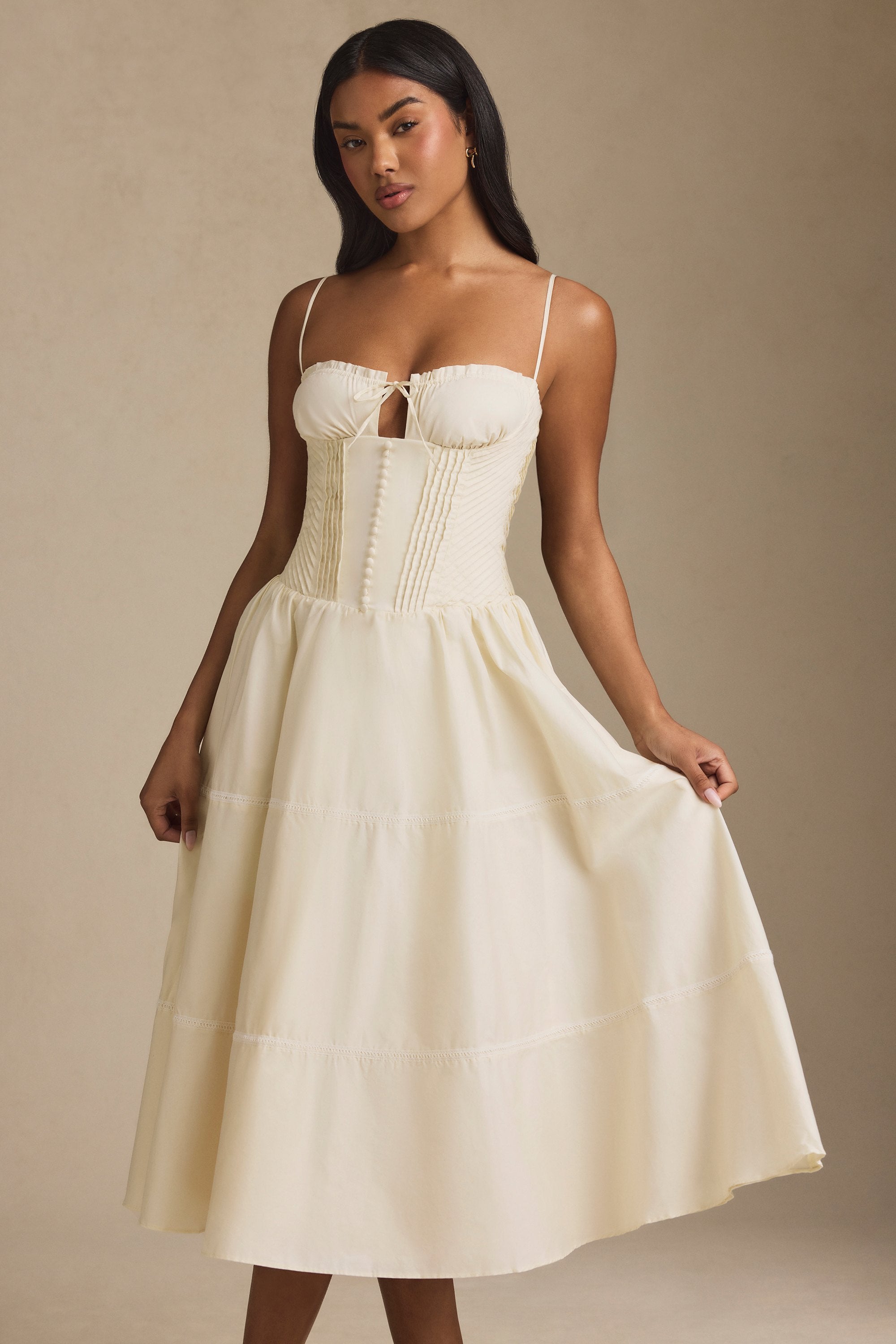 Lace-Trim Pintucked Poplin Midaxi Dress in Ivory、mySite、solidvoid